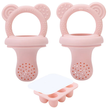 Ali+Oli Food & Fruit Feeder Pacifier 3pc Set for Baby (Pink & Pink) with Freezer Tray