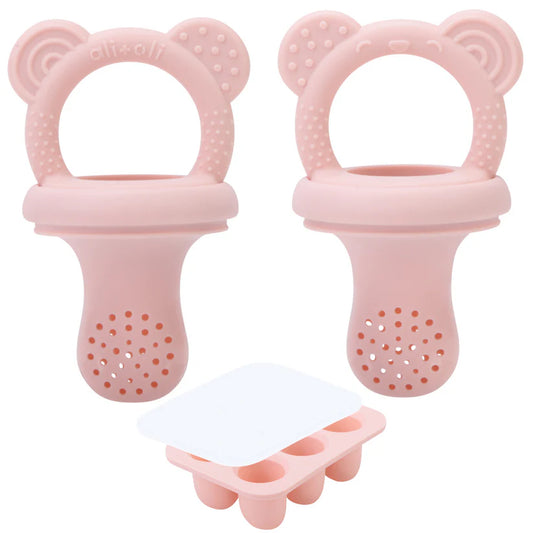 Ali+Oli Food & Fruit Feeder Pacifier 3pc Set for Baby (Pink & Pink) with Freezer Tray