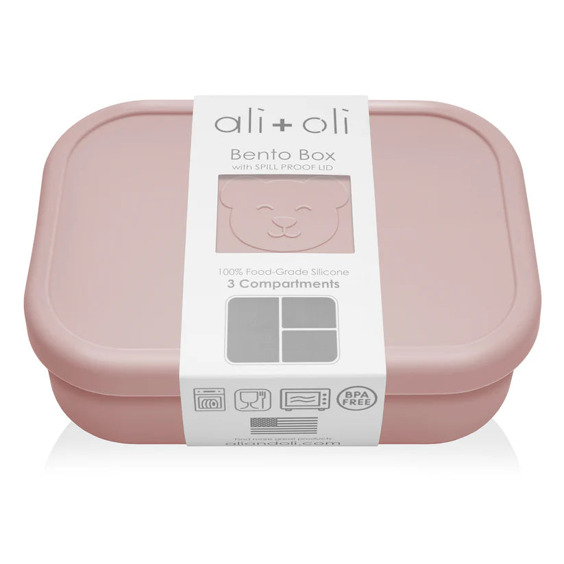 Ali+Oli Reusable Silicone Bento Box - 3 Compartments - Leakproof (Rose)