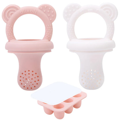 Ali+Oli Food & Fruit Feeder Pacifier 3pc Set for Baby (Pink & White) with Freezer Tray