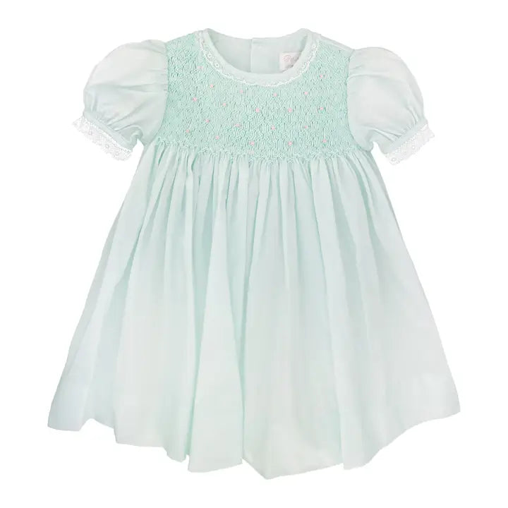 Petit Ami & Zubels Fully Smocked Dress with French Lace in Mint