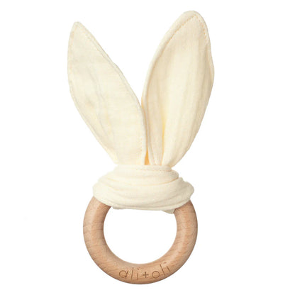 Ali+Oli Crinkle Bunny Ears Wooden Ring Teething Toy for Baby (Beige)