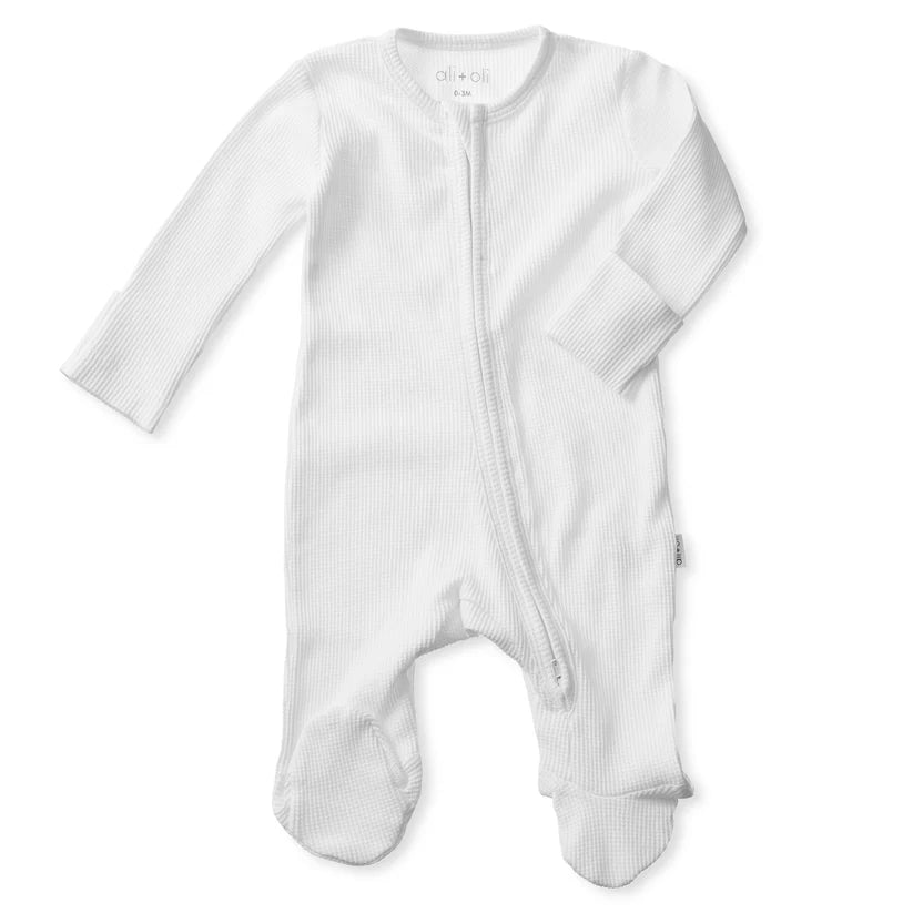 Ali+Oli Organic Cotton Baby Footie Waffle 2-way Zipper (White)