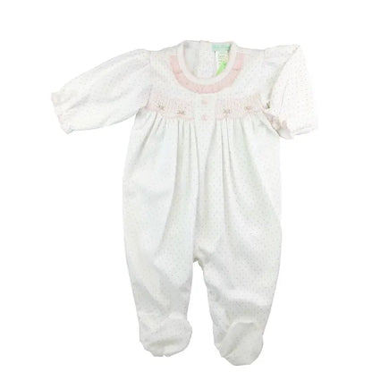 Baby Threads Sweet Pink Dots Hand Smocked Pima Cotton Baby Footie