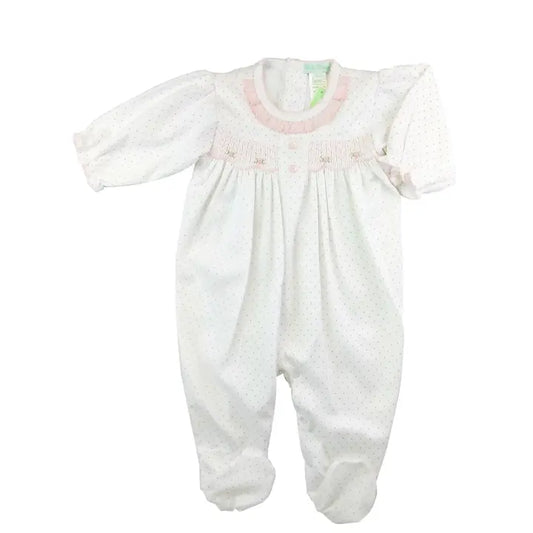 Baby Threads Sweet Pink Dots Hand Smocked Pima Cotton Baby Footie