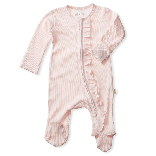 Ali+Oli Organic Cotton Baby Ruffle Footie Waffle 2-way Zipper (Blush)