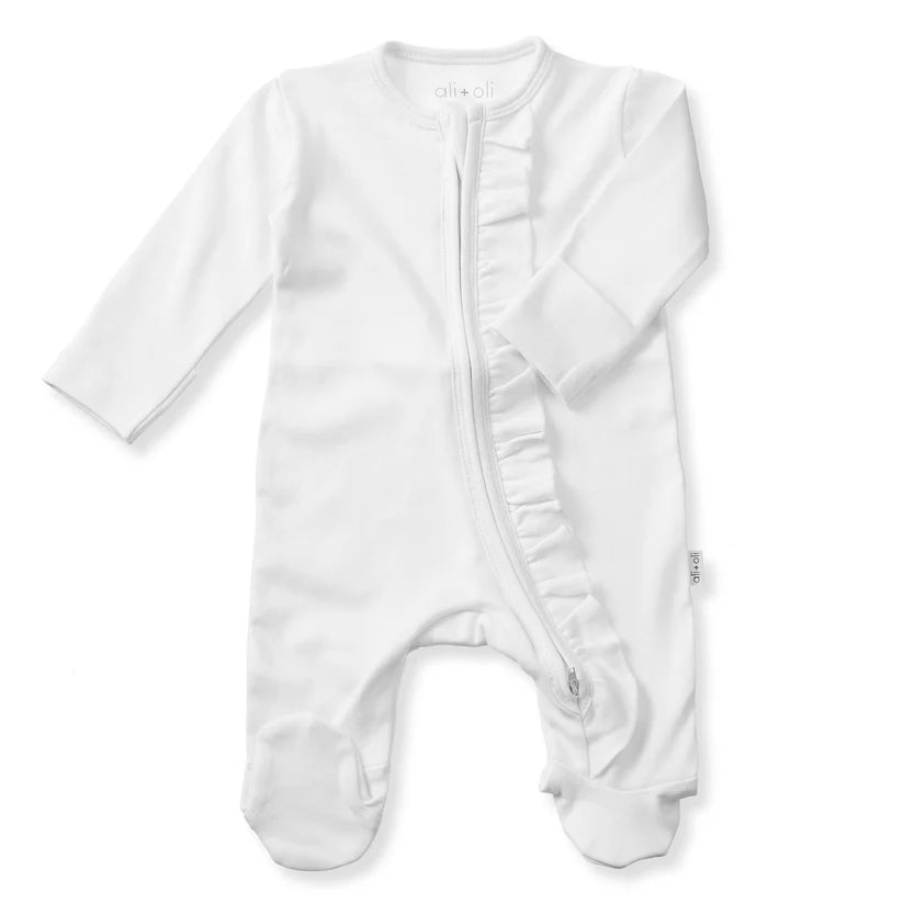 Ali+Oli Organic Cotton Baby Ruffle Footie with 2-way Zipper (White)