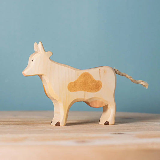 Bumbu Toys Handcrafted Wooden White and Brown Cow Figurine