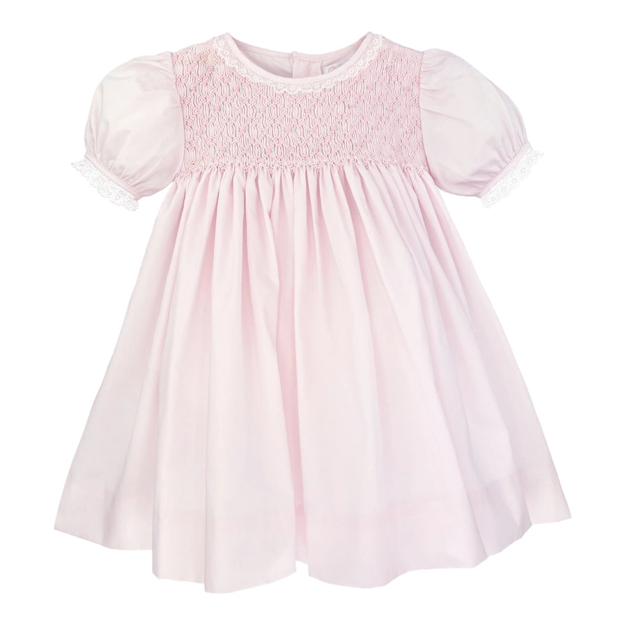 Petit Ami & Zubels Fully Smocked Dress with French Lace in Pink