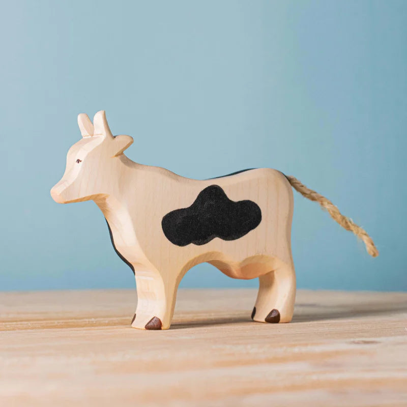 Bumbu Toys Handcrafted Wooden White and Black Cow Figurine