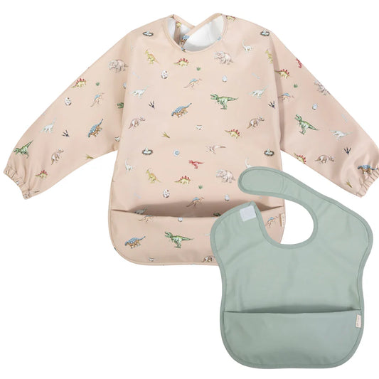 Ali+Oli Smock Bib for Baby & Toddler (2-pc) Long & Short Sleeve Set (Dino, Mint)