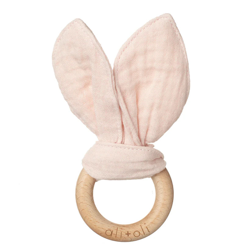 Ali+Oli Crinkle Bunny Ears Wooden Ring Teething Toy for Baby (Pink)