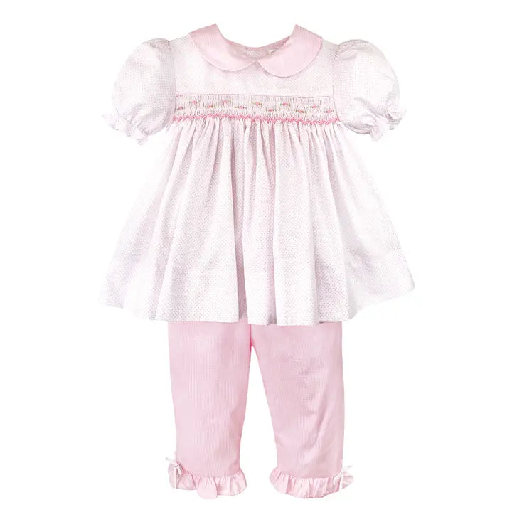 Petit Ami & Zubels Top and Pant Set with Corded Smocking - Pink Dot Fabric