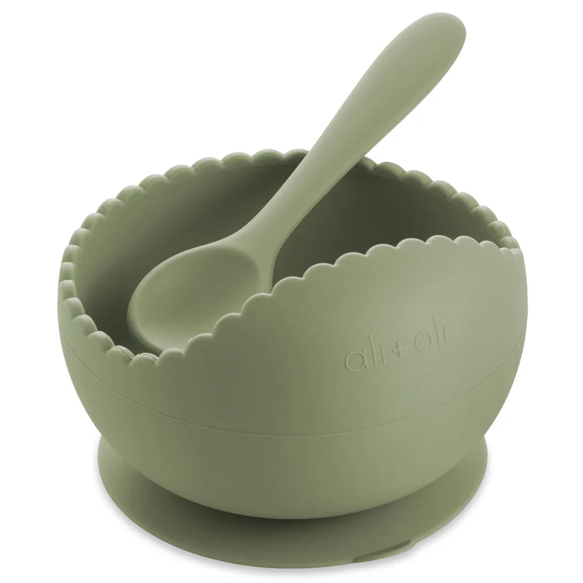 Ali+Oli Suction Bowl & Spoon Set (Sage) Wavy