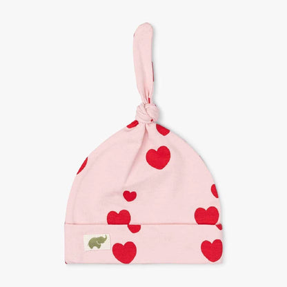 Monica + Andy Top Knot Cap - Red Hearts On Pink