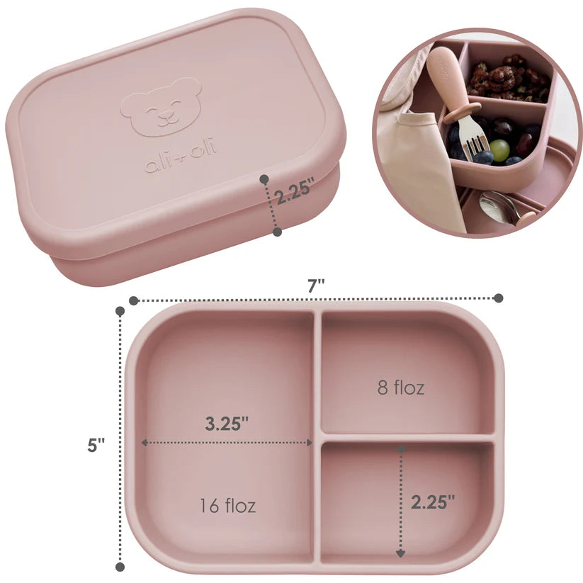 Ali+Oli Reusable Silicone Bento Box - 3 Compartments - Leakproof (Rose)