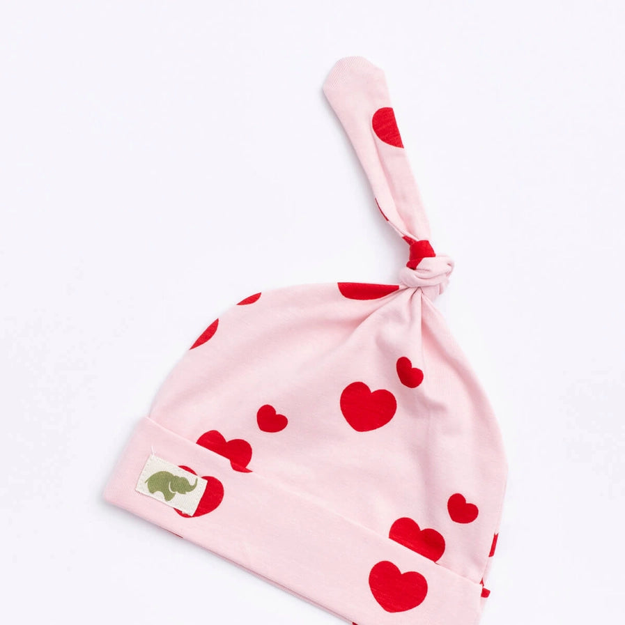 Monica + Andy Top Knot Cap - Red Hearts On Pink