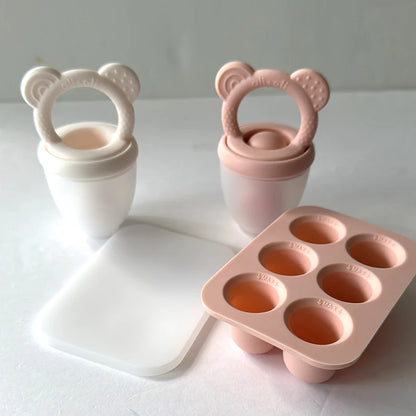 Ali+Oli Food & Fruit Feeder Pacifier 3pc Set for Baby (Pink & White) with Freezer Tray