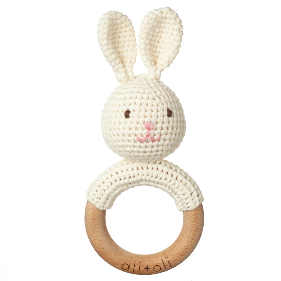 Ali+Oli Baby Teething Toy Rattle Wood Ring Crochet (Bunny)