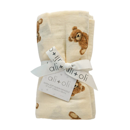 Ali+Oli Muslin Swaddle Blanket (Teddy Bear)