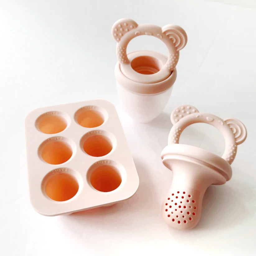 Ali+Oli Food & Fruit Feeder Pacifier 3pc Set for Baby (Pink & Pink) with Freezer Tray