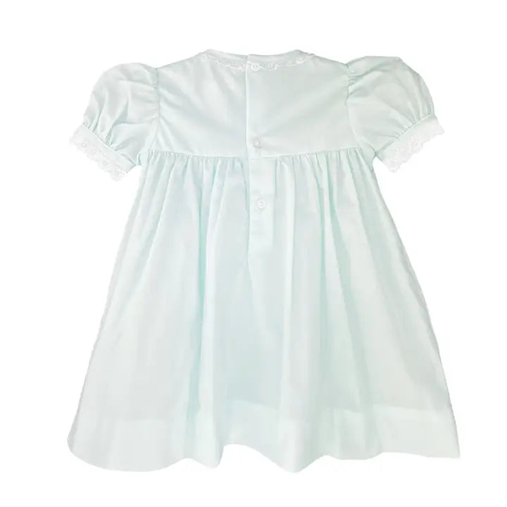 Petit Ami & Zubels Fully Smocked Dress with French Lace in Mint