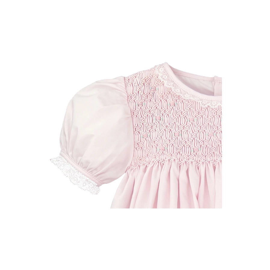 Petit Ami & Zubels Fully Smocked Dress with French Lace in Pink