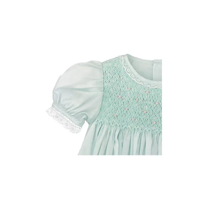 Petit Ami & Zubels Fully Smocked Dress with French Lace in Mint