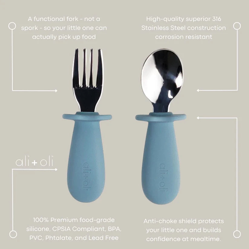 Ali+Oli Spoon & Fork Learning Set for Toddlers (Powder Blue) 6m+