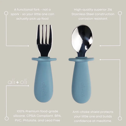 Ali+Oli Spoon & Fork Learning Set for Toddlers (Powder Blue) 6m+