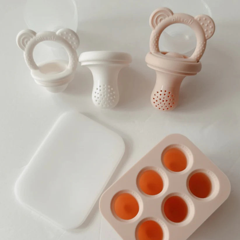 Ali+Oli Food & Fruit Feeder Pacifier 3pc Set for Baby (Pink & White) with Freezer Tray