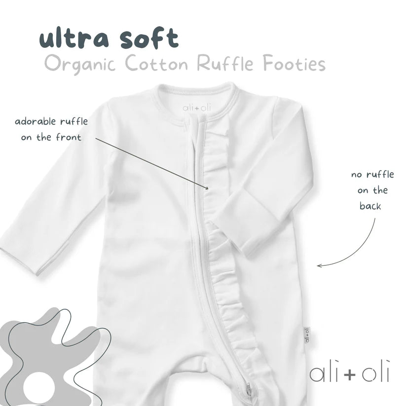 Ali+Oli Organic Cotton Baby Ruffle Footie with 2-way Zipper (White)