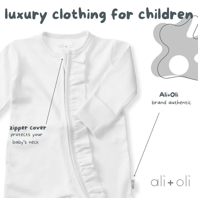 Ali+Oli Organic Cotton Baby Ruffle Footie with 2-way Zipper (White)