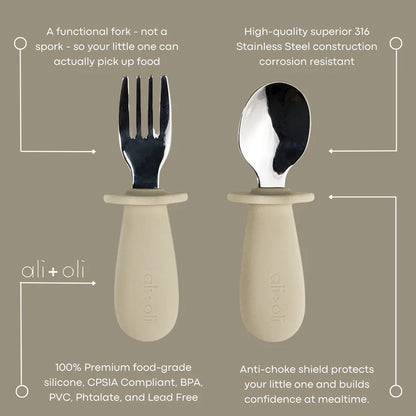 Ali+Oli Spoon & Fork Learning Set for Toddlers (Khaki) 6m+