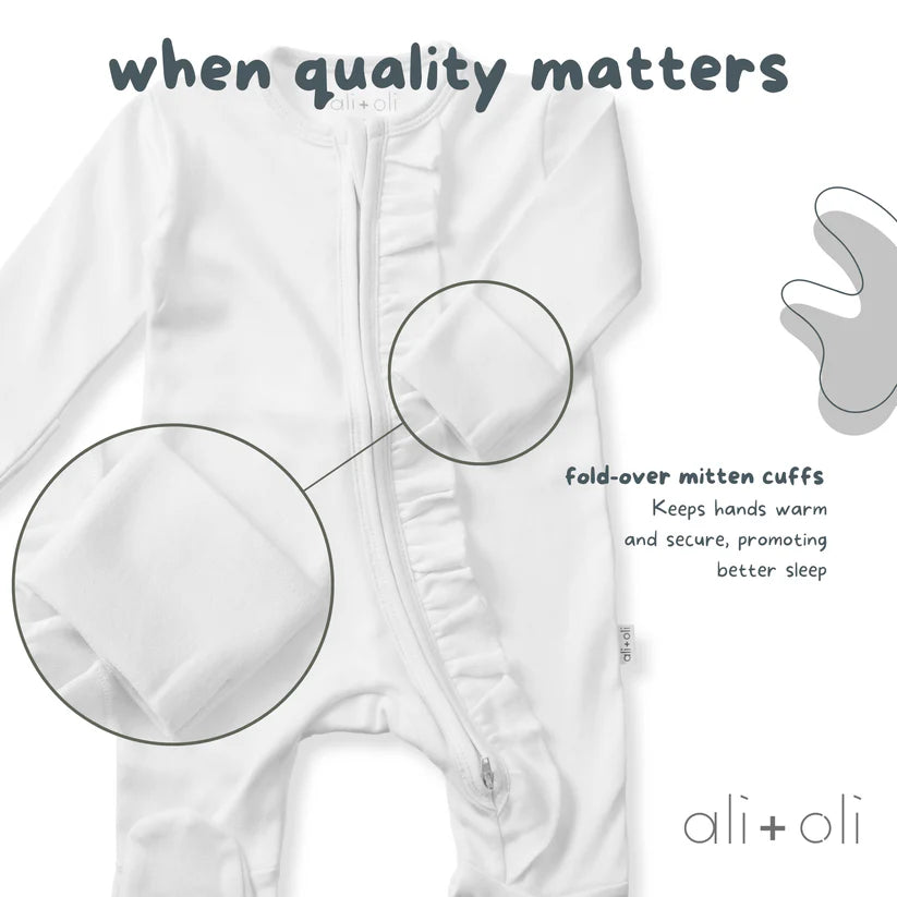 Ali+Oli Organic Cotton Baby Ruffle Footie with 2-way Zipper (White)