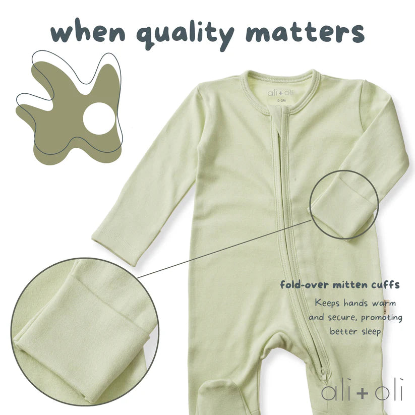 Ali+Oli Organic Cotton Baby Footie with 2-way Zipper (Sage)