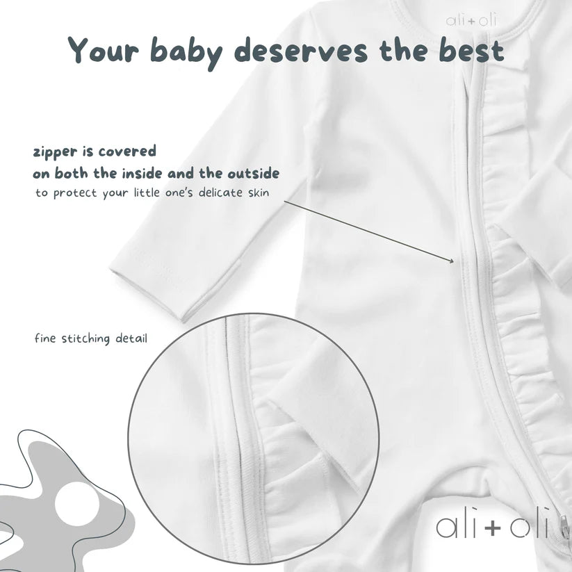 Ali+Oli Organic Cotton Baby Ruffle Footie with 2-way Zipper (White)