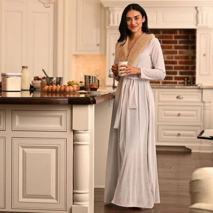 Sugar Bee Clothing Eleanor Fur Trimmed Robe - Cafe Au Lait